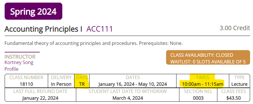 Screenshot of a class schedule with an example final exam time highlighted.